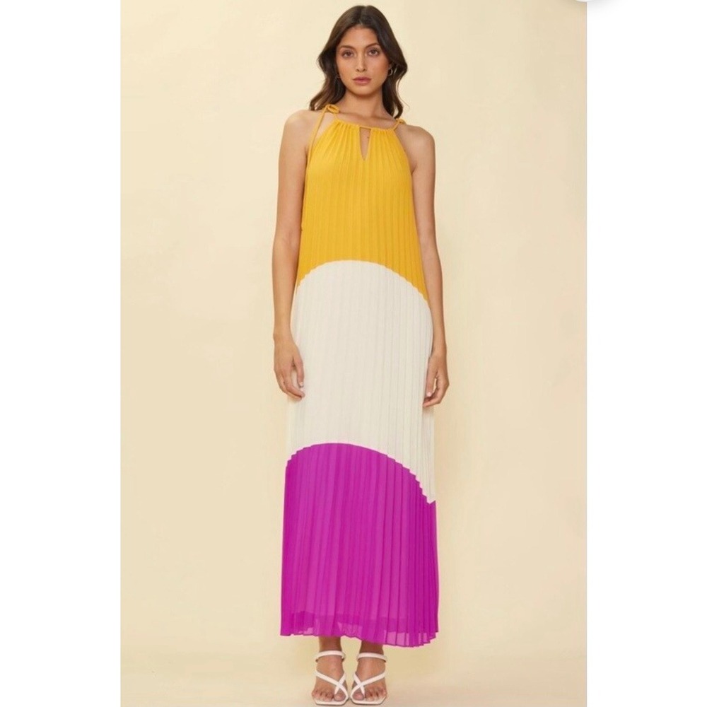 Skies Are Blue‎ Pleated Colorblock Halter Maxi Dress Yellow White Pink XS NWOT